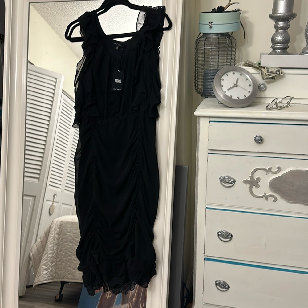 NWT -NAKED ZEBRA LBD sheer ruffled sleeveless with hem cinching Size M